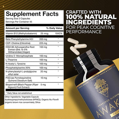 Awaken Gold Premium Nootropic Supplement | Advanced Brain Nutrition | Improve Memory & Learning | Enhance Focus & Clarity | Intensify Drive | 11 Premium Ingredients | 45 Servings