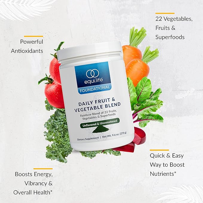 Equilife - Daily Fruit & Vegetable Blend, Fruits and Vegetables Supplements, Vitamin C, 9 Essential Amino Acids, Promotes Energy, Low-Sugar, Easy-to-Use, Vegan, Non-GMO (Unflavored, 30 Servings Tub)
