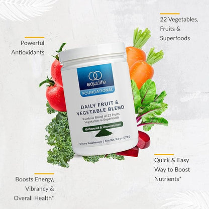Equilife - Daily Fruit & Vegetable Blend, Fruits and Vegetables Supplements, Vitamin C, 9 Essential Amino Acids, Promotes Energy, Low-Sugar, Easy-to-Use, Vegan, Non-GMO (Unflavored, 30 Servings Tub)