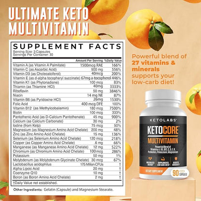 Ketocore Keto Vitamins | Keto Multivitamin for Men & Women | Keto Supplements & Carnivore Diet Supplements, Keto Friendly Multivitamin | No Keto Flu | Rich in Magnesium & Potassium | 90 Capsules