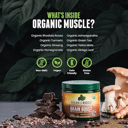 Organic Muscle Brain Boost Nootropics Blend - Vegan & Organic Superfood Health Supplements for Focus, Memory & Productivity with Ashwagandha, Ginkgo & Ginseng - Chocolate Flavor, 20 Servings