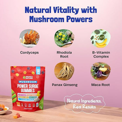 Mushroom Supplement Power Surge Gummies - Lions Mane, Maca Root, Panax Ginseng, Vitamin B12 & Rhodiola - Vegan, Vitamin B Complex - Mushroom Gummies for Energy and Wellness (Mixed Fruits, 60 Gummies)