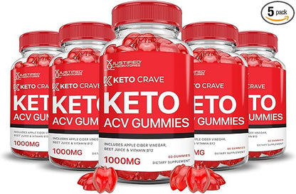 (5 Pack) Keto Crave Keto ACV Gummies Advanced Formula 1000MG Keto Crave Keto Gummies Apple Cider Vinegar Formulated with Pomegranate Beet Juice Powder B12 Vegan Non GMO 300 Gummys
