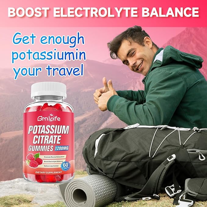 Potassium Citrate Gummies, High Potassium Supplement Gummies 1200mg Support Leg Cramps & Muscle Health, Potassium Gummies for Adults & Kids, Vegan, Raspberry Flavor 120 Count