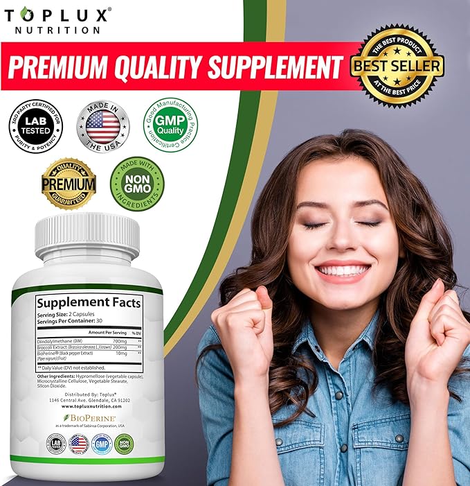Dim Supplement 910 mg Plus BioPerine Complex - Diindolylmethane to Support Hormone Balance and Estrogen Metabolism, Helps with Menopause Acne PCOS Better Skin Bodybuilding, for Men Women, 60 Capsules