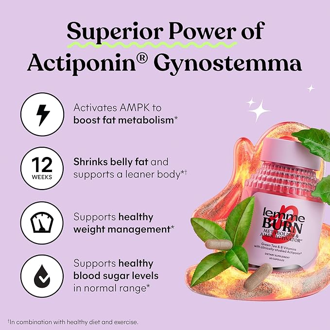 Lemme Burn - Metabolism, Belly Fat Burning + AMPK Activating Supplement for Men & Women w/Clinically Studied Actiponin Gynostemma, Green Tea Extract, Vitamins B6 & B12 - Vegan, Gluten Free, 180 Count