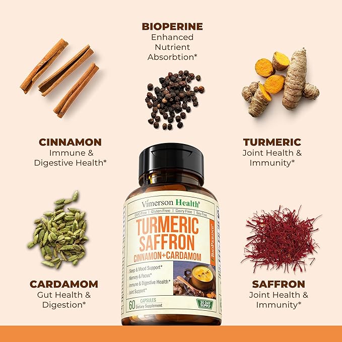 Turmeric Saffron Supplements with Cinnamon powder & Cardamom - Antioxidant Joint Support Supplement Contains Turmeric Curcumin with Black Pepper for Mood, Memory, Eye Health & Well-Being - 60 Capsules