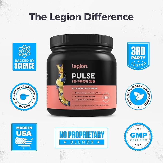 LEGION- All Natural Nitric Oxide Preworkout Drink to Boost Energy, Creatine Free, Naturally Sweetened, Beta Alanine, Citrulline, Alpha GPC (Blueberry Lemonade)
