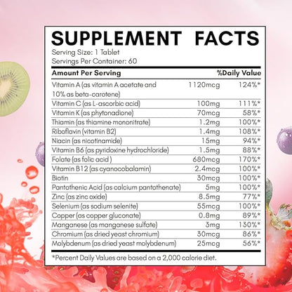 Multivitamin for Women with Zinc & Biotin Vitamins A,C,K,B2,B6,B12 & Multimineral | Daily Multivitamins Beauty & Energy | Gluten-Free, 60 Day Supply