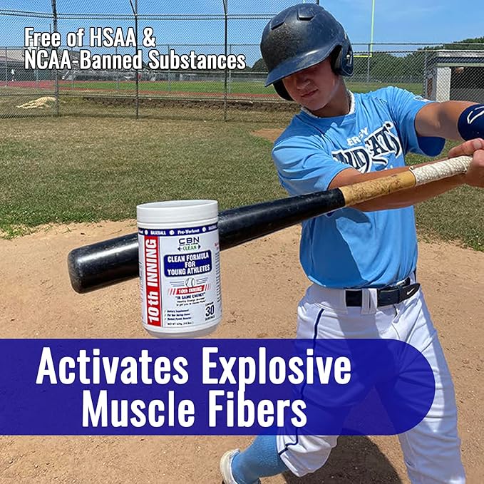 Youth Baseball & Softball in-Game Energy 10th Inning | Vitamins, Electrolytes, Amino Acids for Explosiveness, Stim-Free (30 Servings)