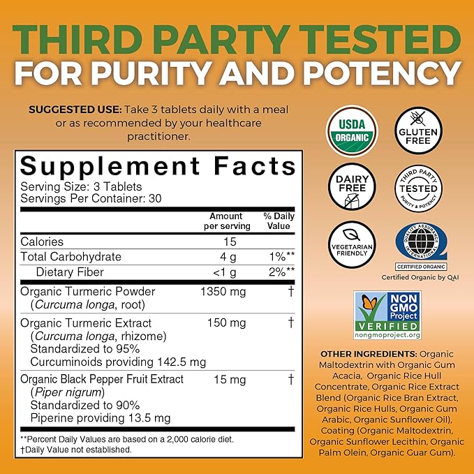 Organic Turmeric Supplement 1500 mg - Turmeric Pills for Joint Support and Cellular Defense - Turmeric Curcumin with Black Pepper for Increased Absorption - High Potency Turmeric Curcumin Supplement