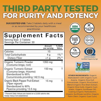 Organic Turmeric Supplement 1500 mg - Turmeric Pills for Joint Support and Cellular Defense - Turmeric Curcumin with Black Pepper for Increased Absorption - High Potency Turmeric Curcumin Supplement