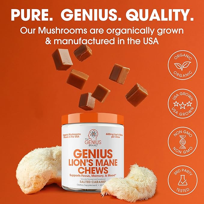 Genius Lion's Mane Soft Chews Supplement – Nootropic Mushroom for Focus, Clarity, Memory, Energy, Brain Health Support – Salted Caramel Flavor