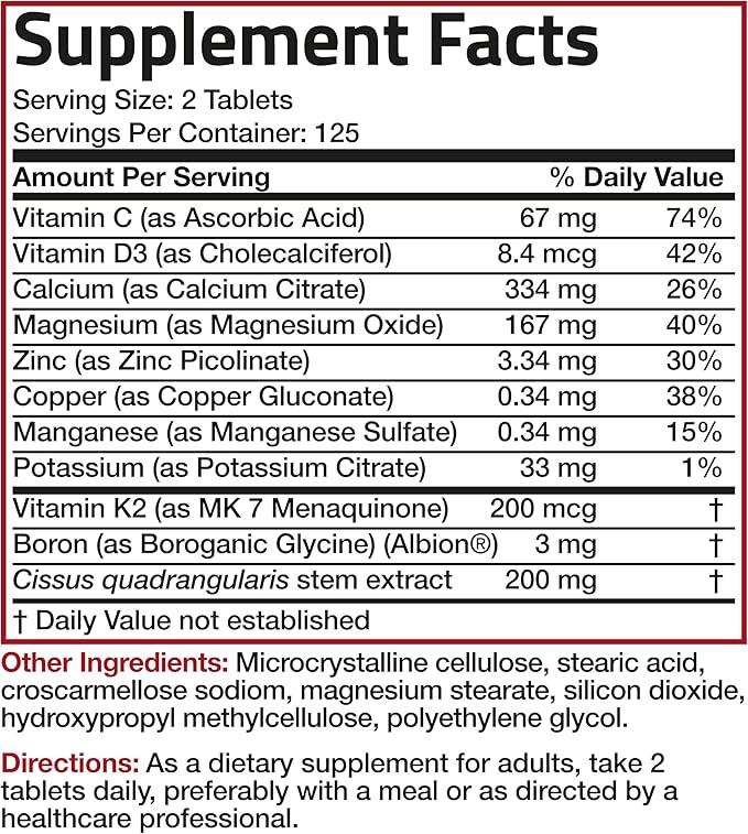 Bronson Bone Health & Strength Complex* High Potency Formula 200 MCG of Vitamin K2 as MK7, Plus Calcium, Boron, Cissus Quadrangularis, Magnesium, Vitamin D3, and More - Non-GMO, 250 Tablets