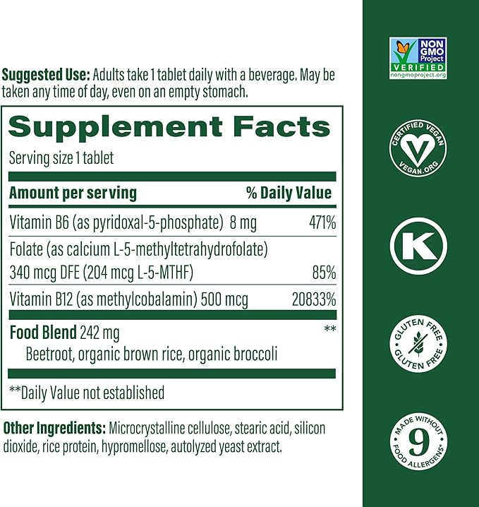 MegaFood Methyl B12 - Vegan - Includes Methyl Folate, Vitamin B12 & B6 - Supports Cellular Energy Production, Nervous System Health & Cardiovascular Function - 90 Tablets
