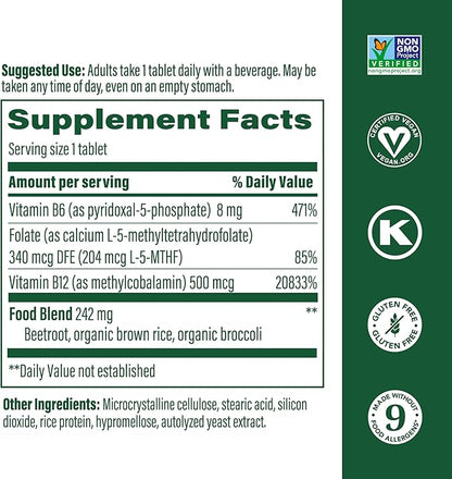 MegaFood Methyl B12 - Vegan - Includes Methyl Folate, Vitamin B12 & B6 - Supports Cellular Energy Production, Nervous System Health & Cardiovascular Function - 60 Tablets