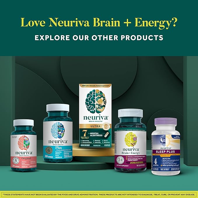 NEURIVA Brain + Energy Gummies, Nootropic Brain Supplements for Focus and Concentration with Neurofactor, Vitamin B12 & Caffeine for an Energy Boost*, 75ct Natural BlackBerry