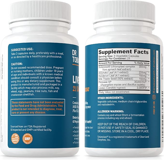 Dr. Tobias Liver 21 Day Cleanse, Herbal Liver Detox Cleanse with Solarplast, Artichoke Extract, Milk Thistle & Dandelion Extract, for Liver Cleanse & Detox, 63 Vegetable Capsules (3 Daily) (Pack of 2)