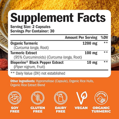 Turmeric Supplement - Turmeric Curcumin Supplement. 1200mg Turmeric Powder Organic & Bioperine Joint Support Supplement. 95% Curcuminoids. Organic Turmeric Curcumin with Black Pepper - 120 Caps 2 Pack