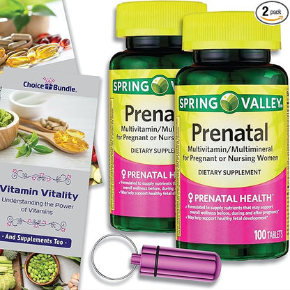 Spring Valley Prenatal Multivitamin Multimineral for Pregnant & Nursing Women Dietary Supplement Tablets 100 Ct 2 pk Choice Bundle (200 Total) + Vitamin Guide & Pill Container (4 Items)!