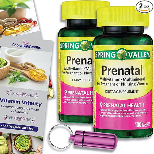 Spring Valley Prenatal Multivitamin Multimineral for Pregnant & Nursing Women Dietary Supplement Tablets 100 Ct 2 pk Choice Bundle (200 Total) + Vitamin Guide & Pill Container (4 Items)!