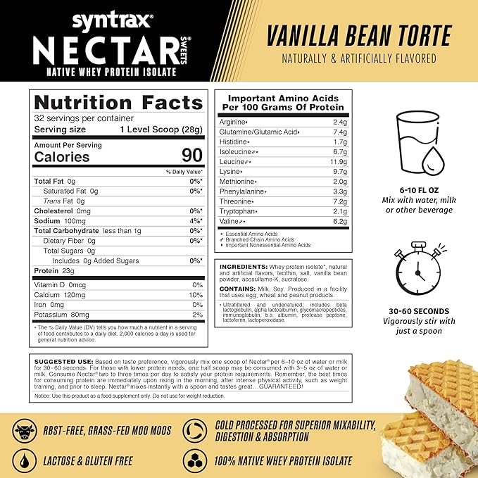 Syntrax Nutrition Nectar Sweets, 100% Whey Isolate Protein Powder, Real Vanilla Bean Specks, Vanilla Bean Torte, 2 lbs