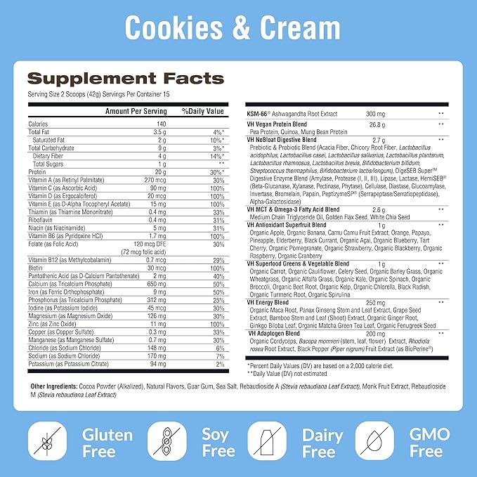 VitaHustle ONE - Superfood Meal Replacement Shake, Plant Based Protein Powder, Vegan. 86 Superfoods, Vitamins, & Minerals, Ashwagandha, Adaptogens. Founded by Kevin Hart. (Cookies & Cream) 15 Servings
