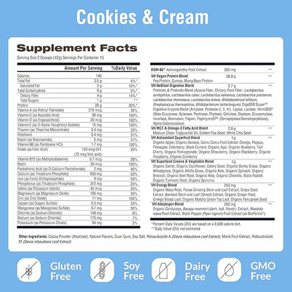 VitaHustle ONE - Superfood Meal Replacement Shake, Plant Based Protein Powder, Vegan. 86 Superfoods, Vitamins, & Minerals, Ashwagandha, Adaptogens. Founded by Kevin Hart. (Cookies & Cream) 15 Servings