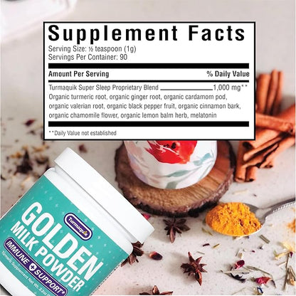 Turmaquik Organic Golden Milk Turmeric Powder, Immune Support + Superfood Blend of Ginger, Black Pepper, Curcumin, Cinnamon, Cardamom + Vitamins C, D, B6, B12, Zinc (3.2 Ounce)