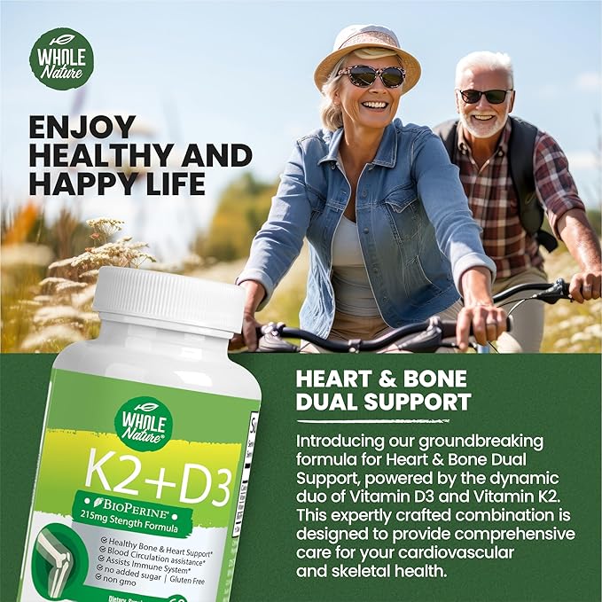 K2 D3 Vitamin Supplement with BioPerine - Vegan Calcium with Vitamins K and D - Advanced D3K2 VIT 5000 IU - 60 Vegan D3 Plus K2 MK-7 Complex Nutritional Capsules for Heart & Bone Health (1