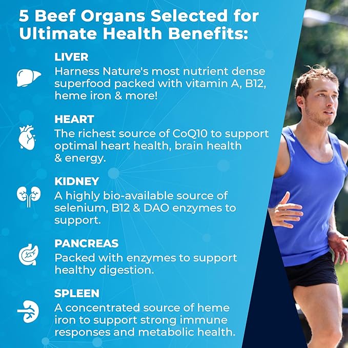 Ultimate 100% Grass Fed Beef Organs Supplement Supports Energy & Whole Body Wellness* with a Complex of Desiccated Beef Liver, Heart, Kidney, Pancreas & Spleen. Pesticide Free & Non-GMO, 180 Capsules
