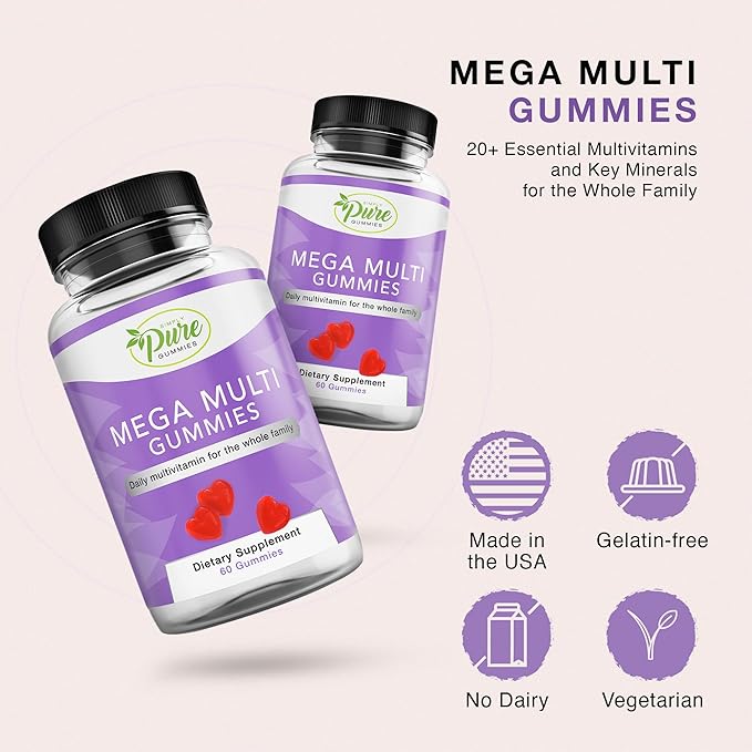Pure By Nature Mega Multi Gummies, Natural Flavored Multi Vitamin Gummies for Women & Men, Dietary Supplement, Multivitamin for Men with Vitamins A, D2, C, E, K, Biotin, Folic Acid (60 Count)