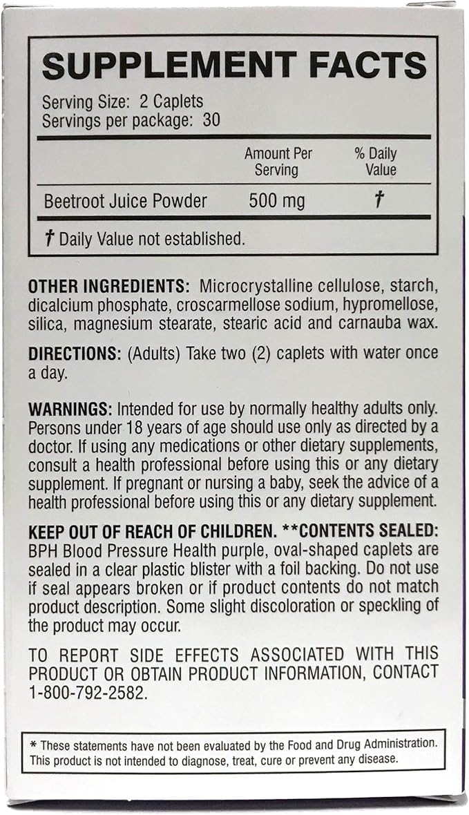 Blood Pressure Health Maintenance Dietary Supplement Caplets, Purple, Beetroot, 60 Count