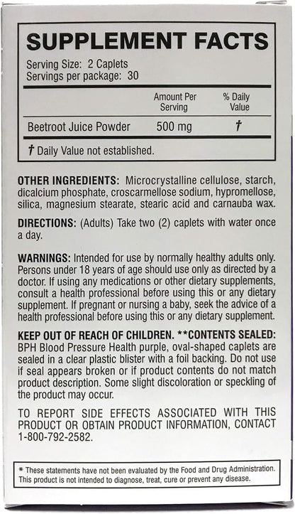 Blood Pressure Health Maintenance Dietary Supplement Caplets, Purple, Beetroot, 60 Count