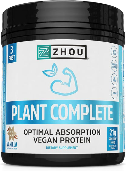 Zhou Nutrition Plant Based Vegan Protein Powder, Best Absorption Digest Score, Complete Amino Acid Profile, Dairy Free, Soy Free, Gluten Free, Sugar Free, Vanilla, 21g Protein, 16 Servings