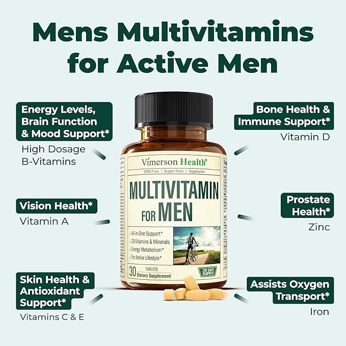 Multivitamin for Men - Daily Mens Multivitamins & Multiminerals with Vitamin A, C, D, E, B12, Zinc & Iron. Essential Vitamins for Men - Mens Vitamins for Energy, Focus, and Mens Health. 30 Tablets