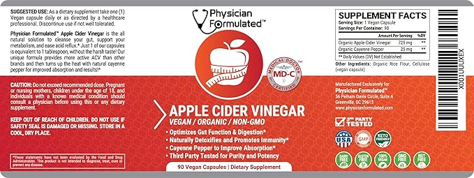 100% Organic Apple Cider Vinegar Capsules 750mg in just 1 Pill Pure Raw Apple Cider Vinegar with Cayenne Pepper for Natural, Fast Detox and Cleanse - 90 Capsules