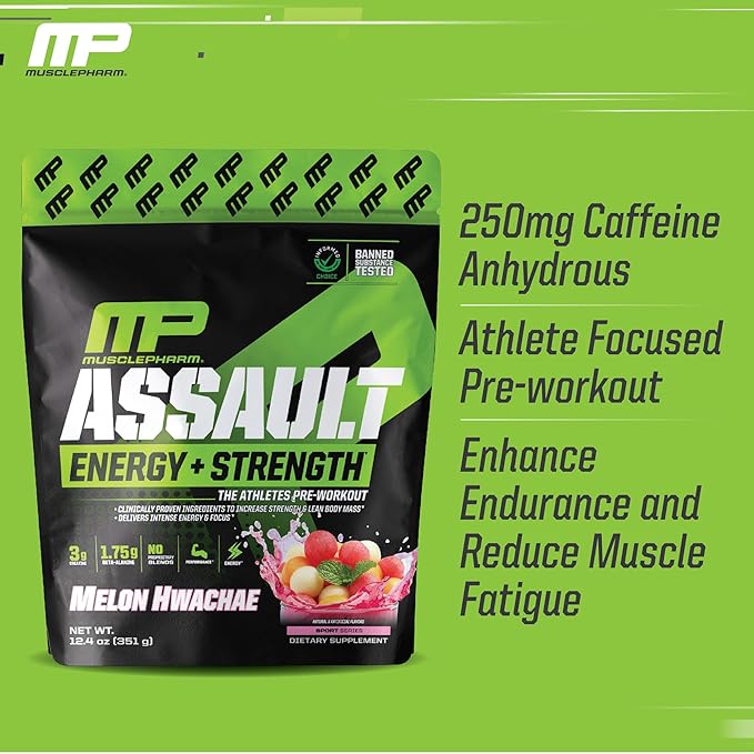 Muscle Pharm Assault Energy & Strength Pre Workout Powder for Men & Women with Beta Alanine, Caffeine, Creatine & Betaine Anhydrous, Pre-Workout Supplements, 30 Servings, Hwachae Melon Flavor