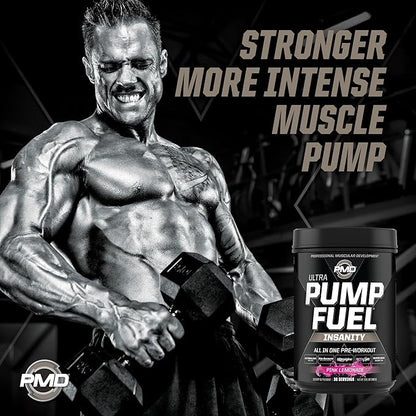 PMD Sports Ultra Pump Fuel Insanity - Pre Workout Drink Mix for Energy, Strength, Endurance, Recovery - Complex Carbohydrates and Amino Energy - Electric Pink Lemonade (30 Servings)