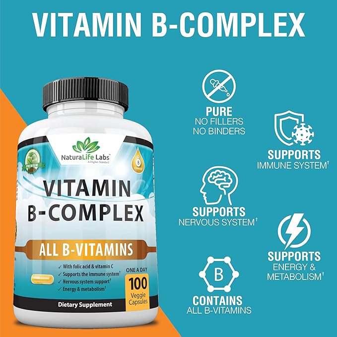 NaturaLife Labs A Higher Standard Vitamin B Complex with Vitamin C and Folic Acid - B12, B1, B2, B3, Vitamin B5 Pantothenic Acid, B6, B7, B9 - Nervous System Support 100 Veggie Capsules