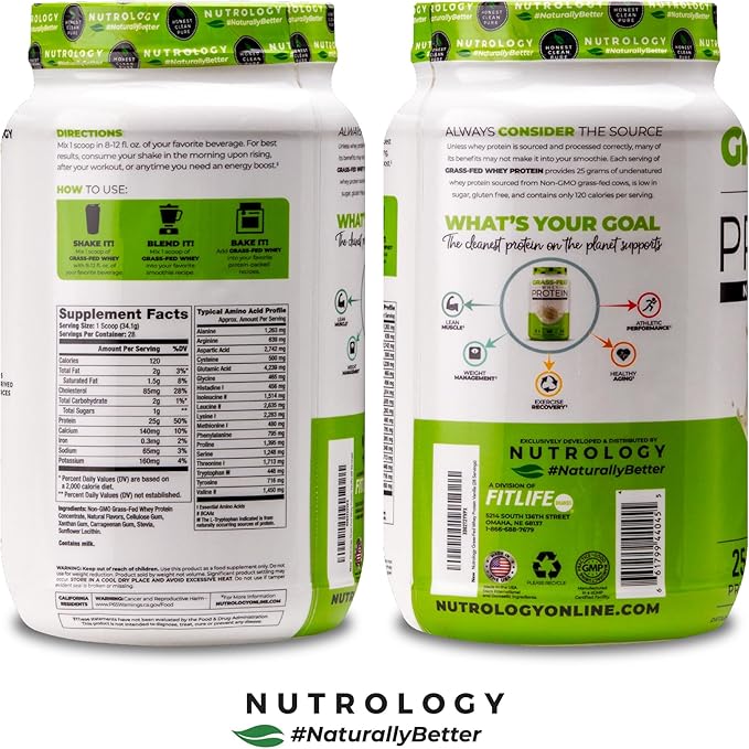 Nutrology Grass Fed Whey Protein Powder, Vanilla Ice Cream Flavor, Supports Lean Muscle Recovery & Performance, Cold Processed Grass Fed Whey and Amino Acid Powder, Shake, Blend or Bake, 28 Servings
