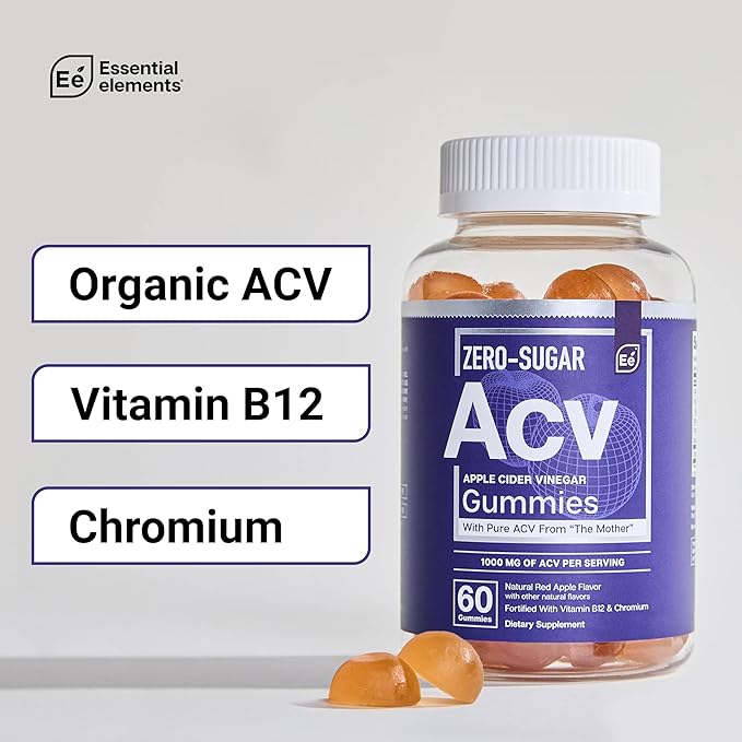 Essential Elements Zero-Sugar ACV Apple Cider Vinegar Gummies from “The Mother” - Naturally-Sourced, Vegan ACV Gummies with Chromium 60 Count (2-Pack)