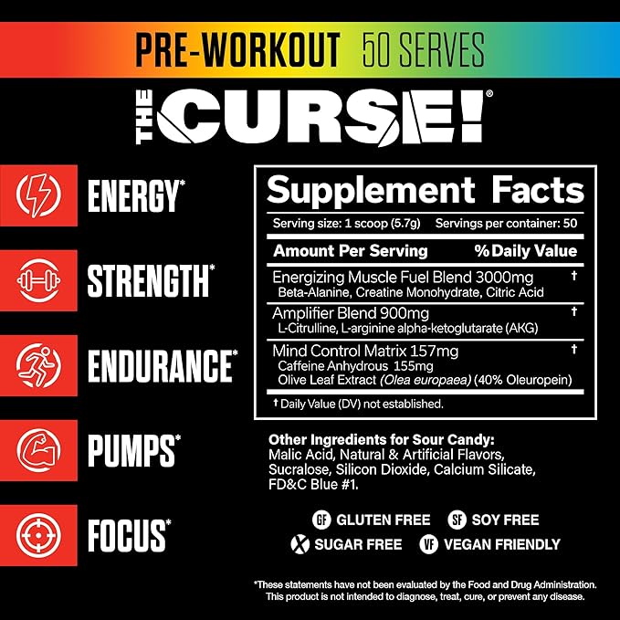 JNX SPORTS The Curse! Pre Workout Powder - Sour Candy 50 Servings | Preworkout: Boost Strength, Energy + Focus for Men & Women | Caffeine, Beta-Alanine, Creatine & L-Citrulline