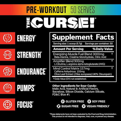 JNX SPORTS The Curse! Pre Workout Powder - Sour Candy 50 Servings | Preworkout: Boost Strength, Energy + Focus for Men & Women | Caffeine, Beta-Alanine, Creatine & L-Citrulline
