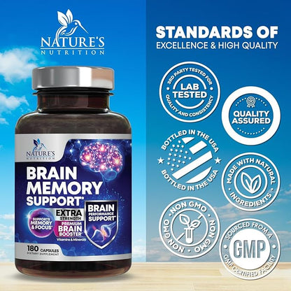 Nootropic Brain Supplements for Memory and Focus - 40 Nootropics & Vitamins to Support Clarity & Concentration, Brain Health Memory Pills with Phosphatidylserine Bacopa Huperzine & DMAE - 180 Capsules