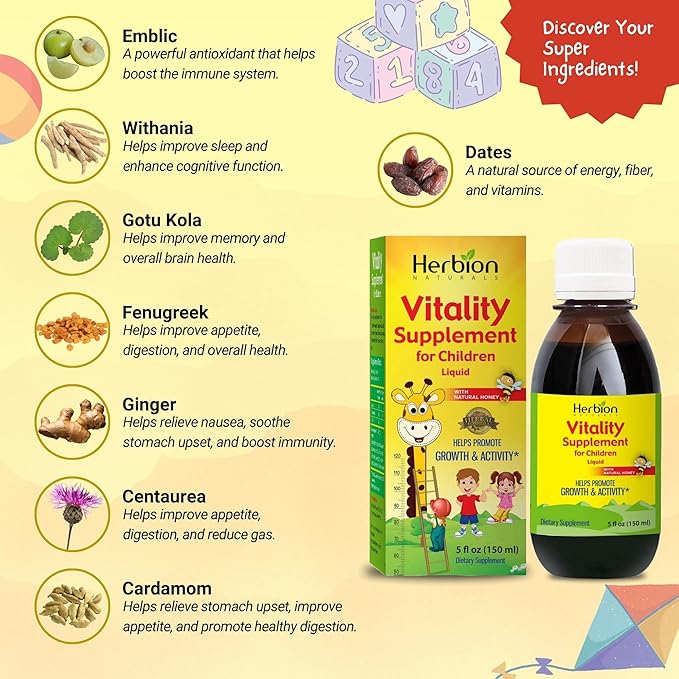 Herbion Naturals Vitality Supplement for Children - Promotes Growth and Appetite - Relieves Fatigue - Improves Mental and Physical Performance – 5 fl oz, For Kids 1 Year and Above, Pack of 2