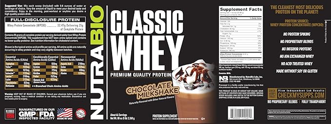 NutraBio Classic Whey Protein Powder- Full-Spectrum Amino Acid Profile - No Fillers, Artificial Colors, Preservatives - Low Glycemic Index - Chocolate Milkshake, 5 Pounds