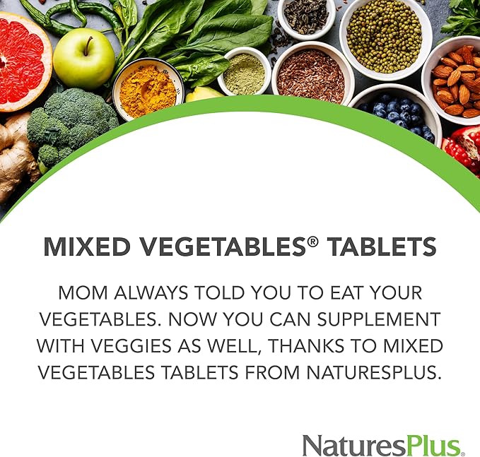 Natures Plus Mixed Vegetables - 1300 mg, 180 Vegetarian Tablets - Powerful Whole Foods Phytonutrient Supplement, Promotes Overall Health - Gluten-Free - 60 Servings