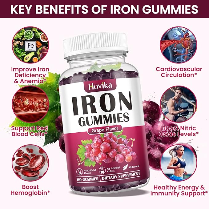 Iron Gummies Supplement for Women & Men, Iron Supplements for Anemia with Vitamin C, B12, Folate-Blood Builder & Energy Support for Iron Deficiency-Grape Flavor, Vegan, 60 Gummies