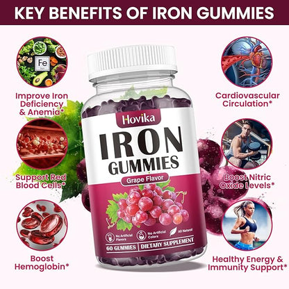 Iron Gummies Supplement for Women & Men, Iron Supplements for Anemia with Vitamin C, B12, Folate-Blood Builder & Energy Support for Iron Deficiency-Grape Flavor, Vegan, 60 Gummies